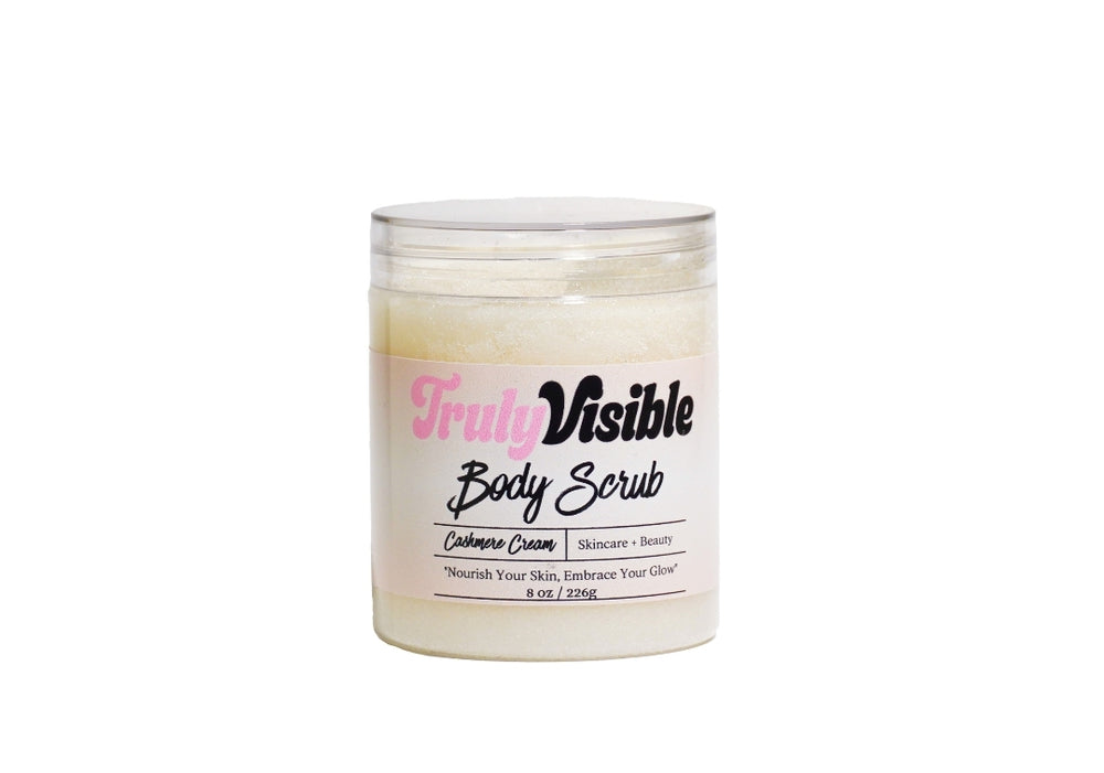 Jar of 'TrulyVisible' body scrub on a white background