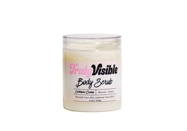 Jar of 'TrulyVisible' body scrub on a white background